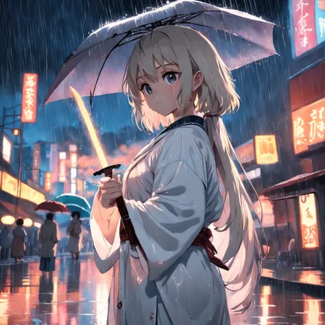 rainy evening，River side，teens girl，Wear a white robe，Hold two knives