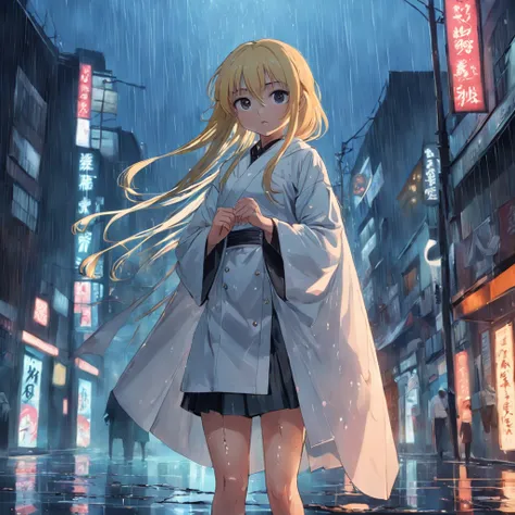 rainy evening，River side，teens girl，Wear a white robe，Hold two knives