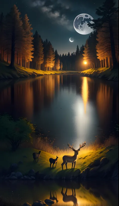 river near forest, night scape, moon glow in sky, deer at river bank drinking water, owl on branch of tree, 8k high resolution image hyper realistic