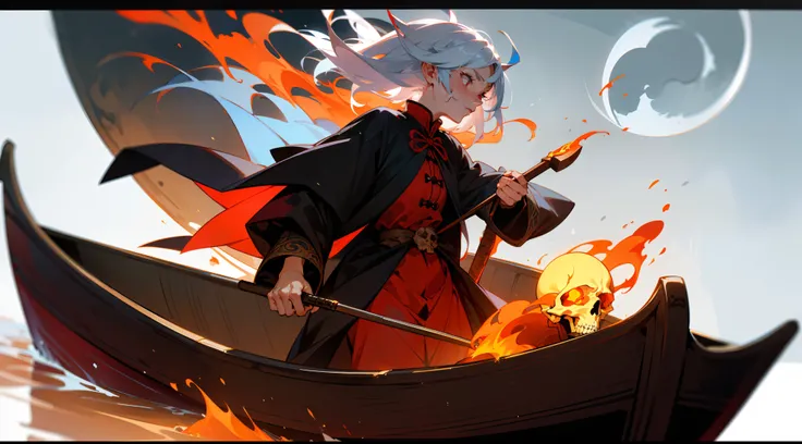 Blue-white hair，Middle-aged woman，magestic，He holds a skull in his left hand，Holds a staff in his right hand，Background on canoe，Stand up，Time is night，There are moons，Moonlight close-up，The skull emits a red flame。