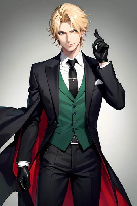 Male with blond hair, evil green eyes, evil smile, manipulative, evil, handsome, wearing suit and  gloves