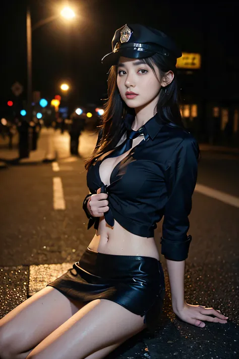 ((beatiful girl:1.3)) ((police girl:1.4)) ((sweat:1.3)) ,((wearing detailed unbuttoned police black colored shirts with necktie and black colored miniskirt:1.25)) (police hat, police suits,) ((best quality,masterpiece,ultra high res)),(photorealistic:1.4),...