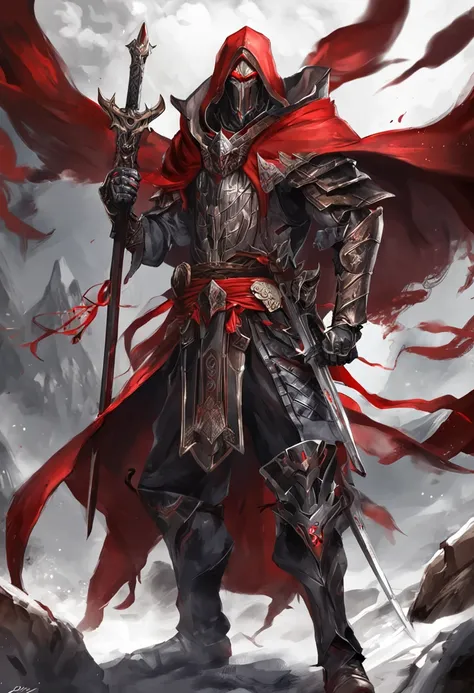 (ultra-detailed CG unit 8k wallpaper, Master parts, Best quality, depth of fields, hdr, 复杂), Tall, The sinister Dark Assassin wears a metal mask，Bright red eyes，Light and dark armor，Behind him he wears a low-key red cloak，Holding a sharp dagger in his arms...