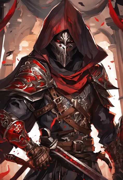 (ultra-detailed CG unit 8k wallpaper, Master parts, Best quality, depth of fields, hdr, 复杂), Tall, The sinister Dark Assassin wears a metal mask，Bright red eyes，Light and dark armor，Behind him he wears a low-key red cloak，Holding a sharp dagger in his arms...