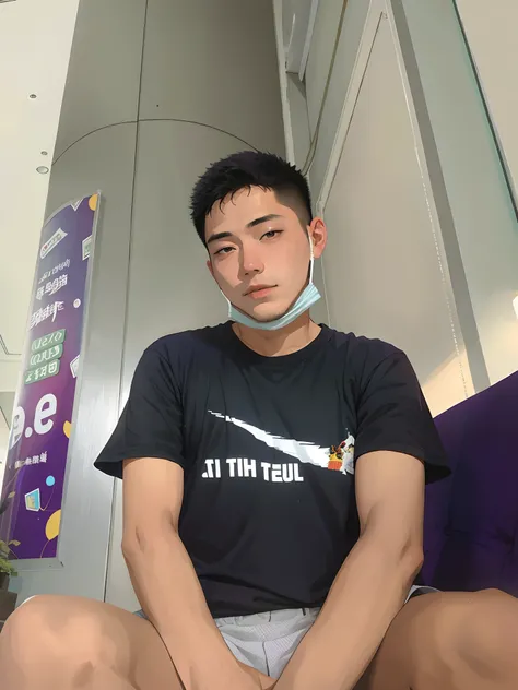 there is a man sitting on a purple couch wearing a mask, 2 7 years old, 2 3 years old, xintong chen, 21 years old, chinese artist, 2 8 years old, lin hsiang, 2 2 years old, 2 4 years old, xiang duan, stanley artgem lau, 2 9 years old, 18 years old