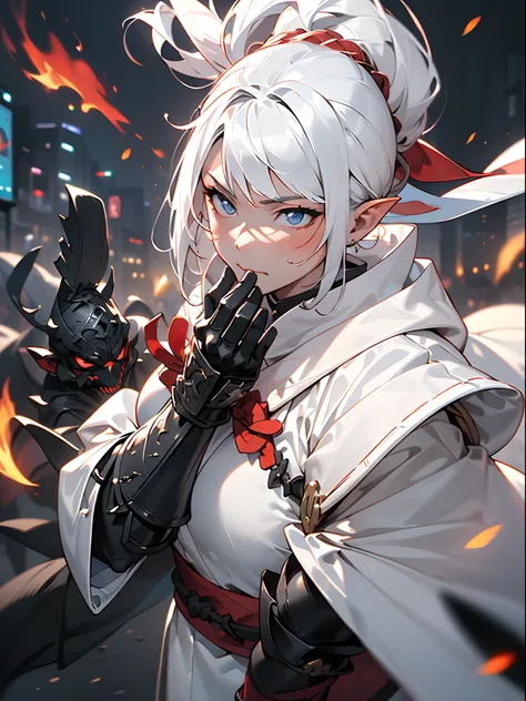 ((jpn)),((Best Quality)),((Beautifully painted)),((hight resolution)),1girl in,Luminescent beautiful elven daughter,(((White surcote))),((White cloak with red decoration)),Luminescent bushy silver-haired ponytail,Shining eyes,(((black gauntlet and glove)))...