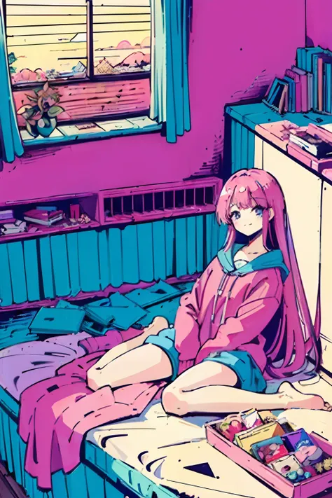 (Masterpiece:1.5, Best quality:1.5), vaporwave style, Close-up, From above, Movie Angle, long hair girl, Looks excited，big laughter, Solo, in a  bedroom, The doll is a mess, Idecadent lives, Poles outside the window, Sunset outside the window, Street outsi...