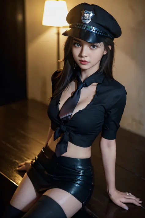 ((beatiful girl:1.3)) ((police girl:1.4)) ((sweat:1.3)) ,((wearing detailed unbuttoned police black colored shirts with necktie and black colored miniskirt:1.25)) (police hat, police suits,) ((best quality,masterpiece,ultra high res)),(photorealistic:1.4),...