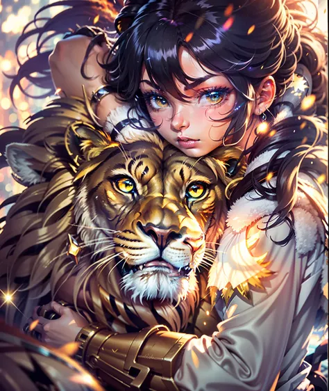 Ultra-high saturation，（tmasterpiece）， fully body photo，（best qualtiy）， （1 girl and lion hugging together）， starryskybackground，cool-pose，  messy  hair，high detal, Anime style, Cinematic lighting, Sparkle, god light, Ray traching, filmgrain, hyper HD, textu...