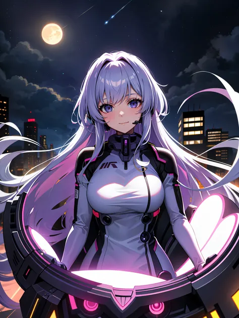 masterpiece, best quality, 1girl, ayanamirei, eva00plugsuit, interface headset, looking at viewer, light smile, city park,upper body,  huge moon, mid night,