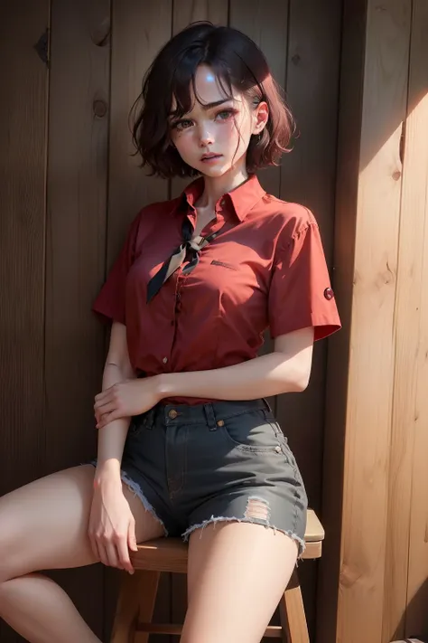 (((Premium image quality))), Realistic blood stained red shirt, The shirt buttons snapped, Short hair waves, Shirt shorts, Wooden chair background, Tie a bow, Naturally hang your head and hands