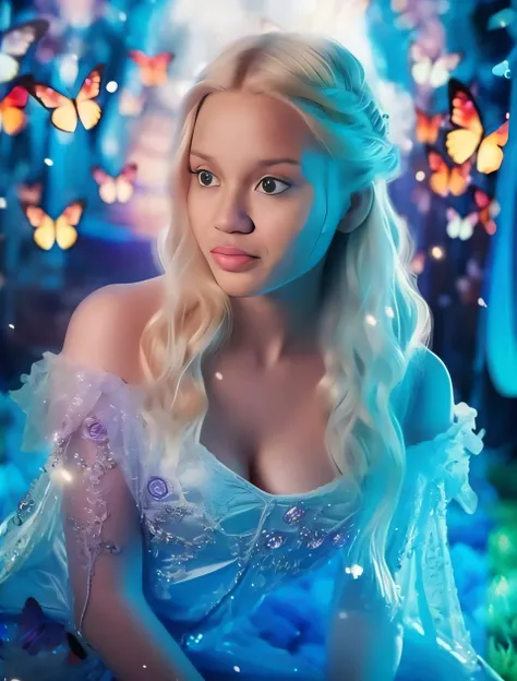 uma mulher em um vestido azul sentada em um campo de borboletas, Margot Robbie como uma fada, pomba cameron em uma armadura de cavaleiro, Disney foto realista, princesa bonita, Disney fotorrealista, inspirado em Sophia Beale, Ross Tran 8 K, sorrindo como u...