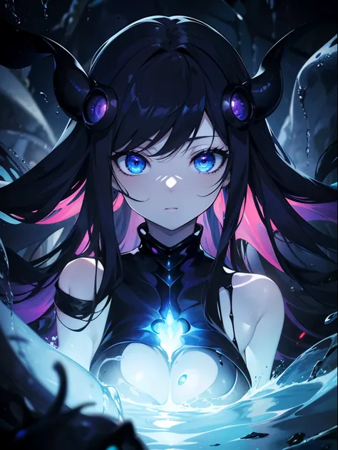 (Masterpiece, Best quality, ultra high resolution),1girl,black clothes, amber eyes, bright eyes,surrounded by tentacles, (squid girl), beautiful and detailed face , detailed eyes ,(in the depths of the ocean,abyssal depths),