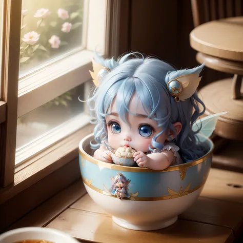 Cute Baby Chibi Anime,Little fairy sitting in a teacup eating dumplings,（Wearing fairy feathers like stained glass：1.5） Blue wavy hair,verd s eyes,Cute windowsill