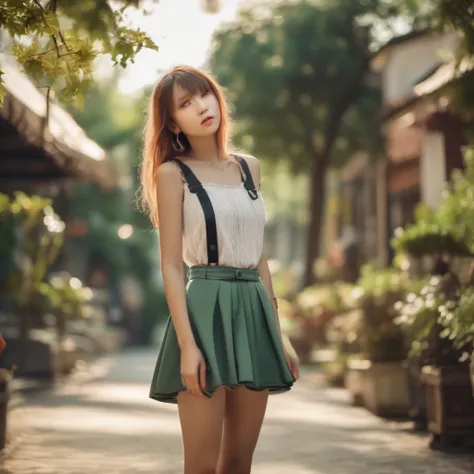 (masterpiece), 8k, RAW Photo, realistic, (photorealistic), high quality,  solo, standing, short pants, female focus, outdoors, sky, scenery, (china city):1.1),((city street):1.5), Canon 70D, sigma 50mm F1.4, 
A girl walking in the tea circle green way, hai...