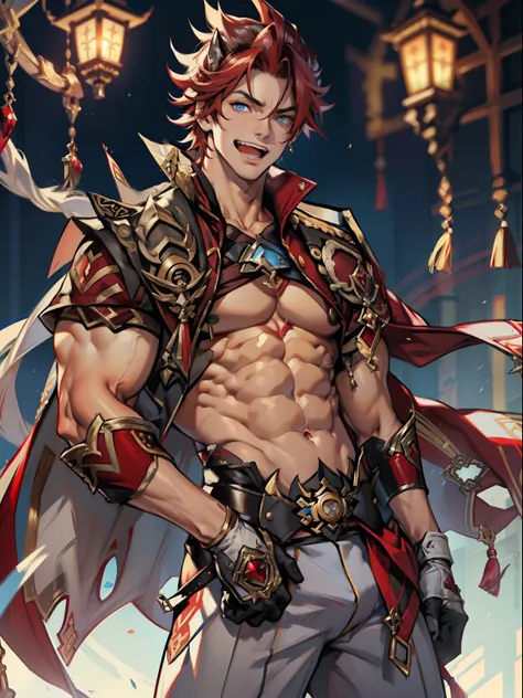 tmasterpiece，Best quality at best，Dadalya（Genshin Impact），mitts，Bulging muscles，Bulging of the pectoral muscles，White gloves，Abs，malefocus，1boy，eBlue eyes，black glove，独奏，Red hair，Yellow eyes，Red cape，hair between eye，（（Bulging crotch）），Sexy,(Masterpiece, B...