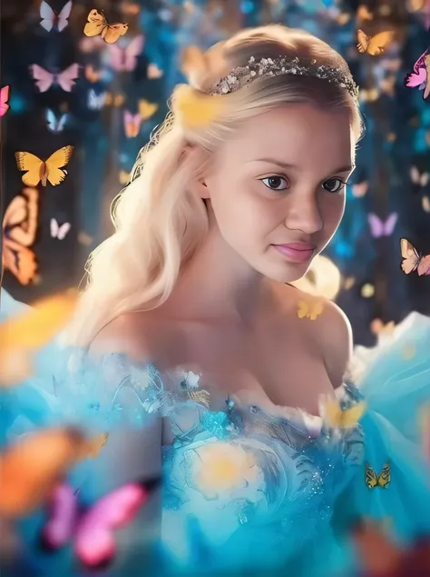 um close up de uma mulher em um vestido azul cercado por borboletas, Margot Robbie como uma fada, sorrindo como uma rainha de fadas, like alice in wonderland, Disney foto realista, imagem promocional do filme, alice in wonderland 3 d, alice in wonderland s...