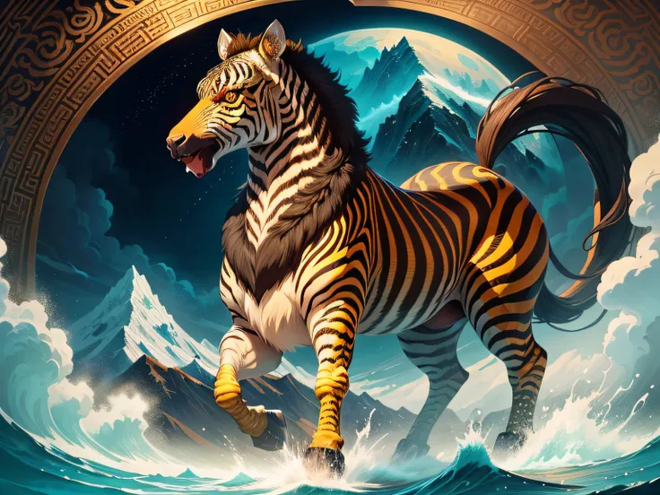 tmasterpiece，High Picture Quality, Dynamic cartoon style, Inspired by the Classic of Mountains and Seas，Chinese mythology and stories, Beast image, high saturated, Yellow zebra pattern, White head, Red tail。