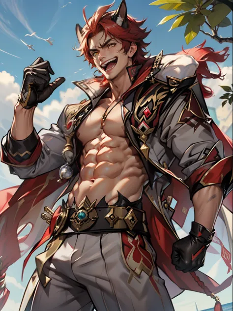 tmasterpiece，Best quality at best，Dadalya（Genshin Impact），mitts，Bulging muscles，Pectoral muscle bulge，White gloves，Abs，malefocus，1boy，Golden eyes，black glove，独奏，Red hair，Yellow eyes，Red cape，hair between eye，（（Bulging crotch）），Sexy,(Masterpiece, Best quali...