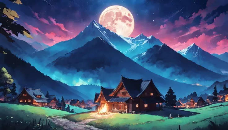 moon full，Blue night sky，Bright stars，Bonfire on the mountain，Small village