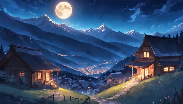 moon full，Blue night sky，Bright stars，Bonfire on the mountain，Small village