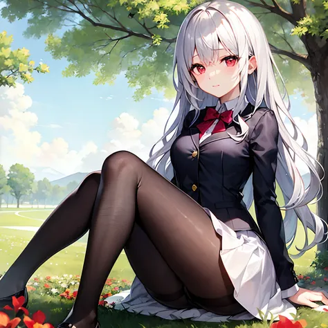 long wavy silver hair、red eyes、Beautiful girl alone、a miniskirt、tights、sitting on、flower  field