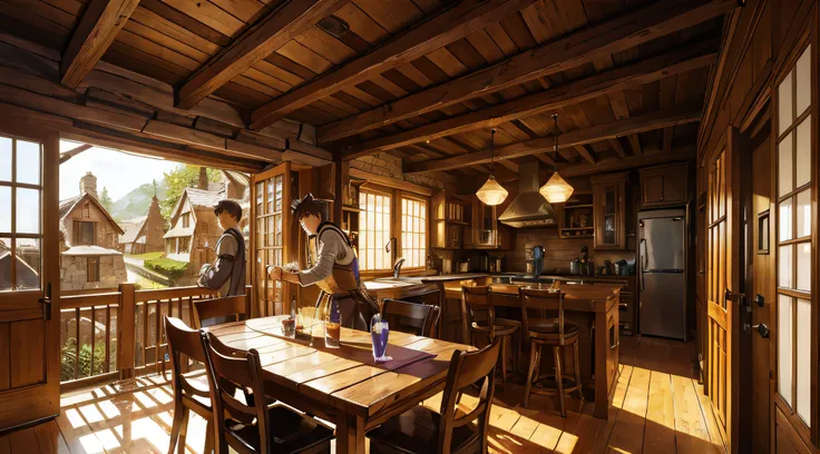 A male character enjoys a refreshing drink at a wooden table in a cozy medieval home, manga-style illustration with detailed paneling, precise linework, and rich shading.