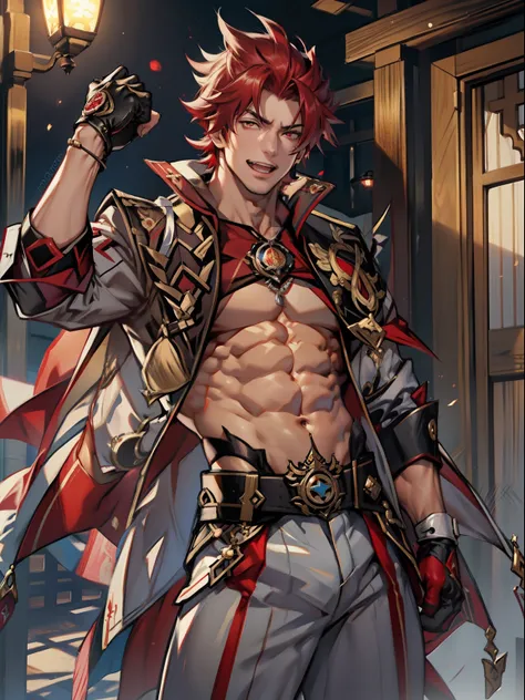 tmasterpiece，Best quality at best，Dadalya（Genshin Impact），mitts，Bulging muscles，Pectoral muscle bulge，White gloves，Abs，malefocus，1boy，red eyes，black glove，独奏，Red hair，Yellow eyes，Red cape，hair between eye，（（Bulging crotch）），Sexy,(Masterpiece, Best quality)...