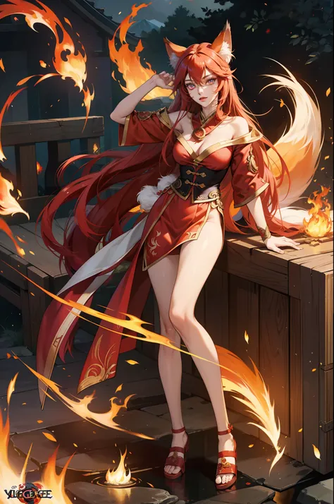 league of legend fox fire Ahri, wuxia style outfits, nine fox tail behind, fire element aura, blazing effect, tattoo, fire glowing pupils, game CG quality, masterpieces, fantasy art, extreme eyes detailed, perfect body shape, HD, fox tail around effect