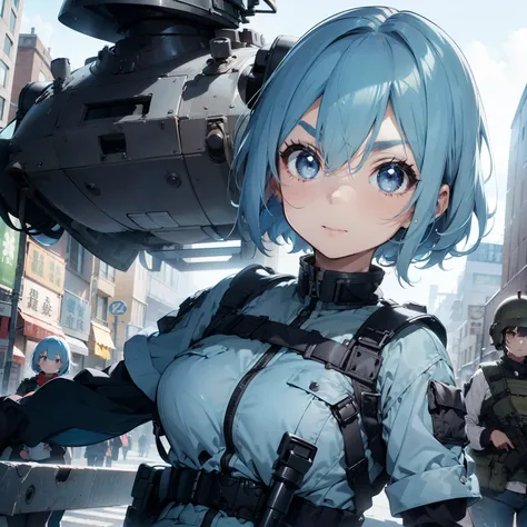 Beautiful short light blue hair girl、Forehead、Sharp Eyebrows、big eye、Dark eyelashes、bulletproof vest、helmets、rifle、tank、（highestdetailed）、（Top image quality）、（​masterpiece）