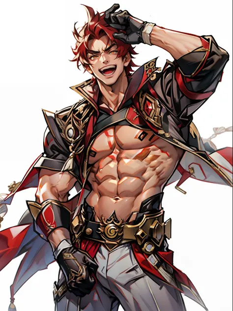 tmasterpiece，Best quality at best，Dadalya（Genshin Impact），mitts，Bulging muscles，Pectoral muscle bulge，White gloves，Abs，malefocus，1boy，red eyes，black glove，独奏，Red hair，Yellow eyes，Red cape，hair between eye，（（Bulging crotch）），Sexy,(Masterpiece, Best quality)...