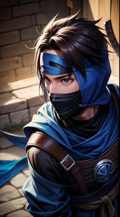 Grown-up guy, ninja, blue shinobi form, brown eyes, mask, Masterpiece, hiquality