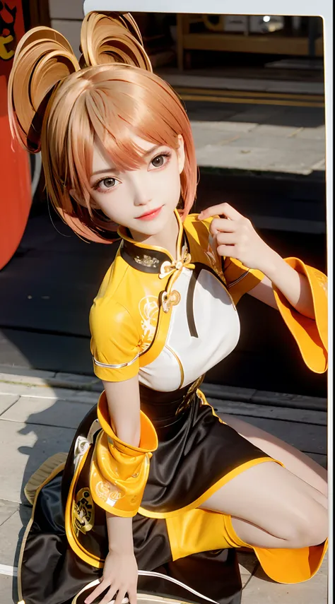 Orange and yellow hair　a short bob　Beautiful breasts　qipao dress  ，Masterpiece，best qualtiy，