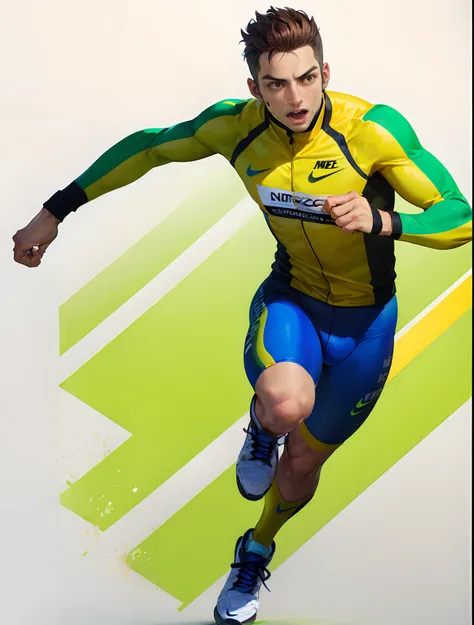 there is a man in a yellow and blue suit running, nike cycling suit, sprinting, nvidia promotional image, sports clothing, promotional render, photo render, key art, lance, sprinters in a race, inspired by Nathan Oliveira, in style of kyrill kotashev, insp...