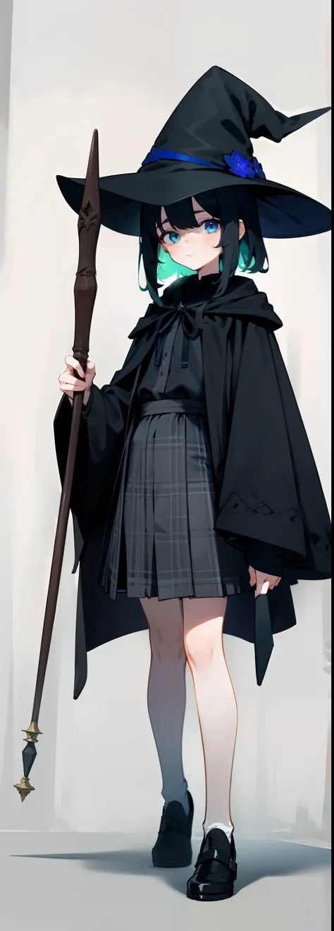 A girl about ten years old。Neat short black hair、The pupil color is blue-green、Neutral face，She was dressed under a black cloak, wearing a white blouse and a plaid skirt。Head black witch hat，Magic wand in hand。