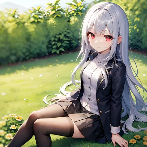 long wavy silver hair、red eyes、Beautiful girl alone、a miniskirt、tights、sitting on、flower  field