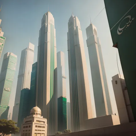 Karachi in the year 2070 , tall buildings , islamic style, green trees, pakistani flag 🇵🇰 on the building , futuristic,3D , honk Kong looks, Urdu, islamic style, pakistani dreem ,