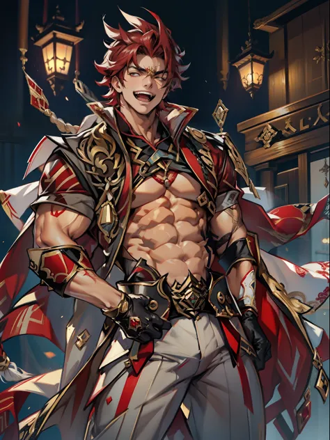 tmasterpiece，Best quality at best，Dadalya（Genshin Impact），mitts，Bulging muscles，Bulging of the pectoral muscles，White gloves，Abs，malefocus，1boy，red eyes，black glove，独奏，Red hair，Yellow eyes，Red cape，hair between eye，（（Bulging crotch）），Sexy,(Masterpiece, Bes...