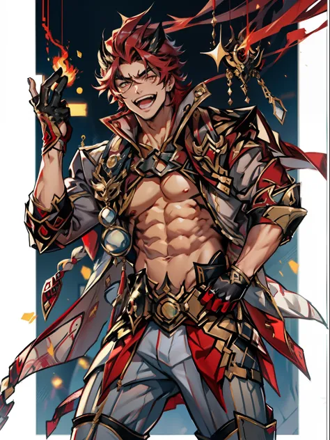 tmasterpiece，Best quality at best，Dadalya（Genshin Impact），mitts，Bulging muscles，Bulging of the pectoral muscles，White gloves，Abs，malefocus，1boy，red eyes，black glove，独奏，Red hair，Yellow eyes，Red cape，hair between eye，（（Bulging crotch）），Sexy,(Masterpiece, Bes...