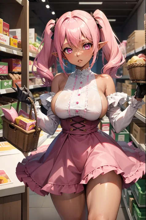 one girl, (dark skin++), pointy elf ears, pink hair, twintails, pretty face, pink eyes, cute top, big boobs, short lace skirt, holding cute shopping basket, reaching up shelf, (grocery shopping), pink short gloves, thick thighs, from above,