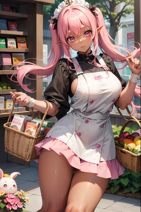 one girl, (dark skin++), pointy elf ears, pink hair, twintails, pretty face, pink eyes, cute top, big boobs, short lace skirt, holding cute shopping basket, reaching up shelf, (grocery shopping), pink short gloves, thick thighs, from above,