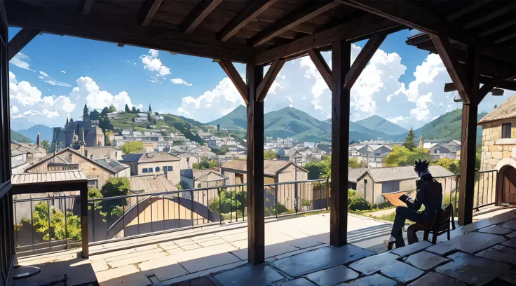 "Two male characters, manga panel, manga drawing, manga shading, overlooking a quaint medieval village from their porch."