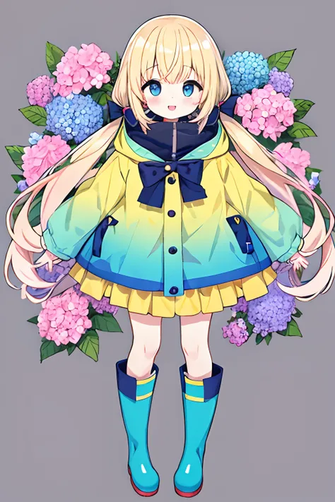 girl with、rainbows、raincoat、Yellow raincoat、Rubber boots、hydrangeas、florals、length hair、Twin-tailed、boots、red blush、Opening Mouth、hair adornments、white backgrounid、独奏、Very long hair、long-sleeve、low twintails、the bow、bangss、a smile、Animal food、blue eyess、bu...