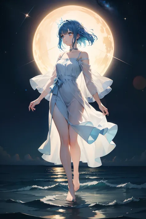 (full body shot:1.4),1girl, gorgeous, delicate, blue hair, wearing light blue dress, barefoot, looking up into sky, standing in sea, perfect face, beautiful eyes, sky is galaxy and stars, twilight, shooting meteorites, longing, bokeh photography, (soft foc...