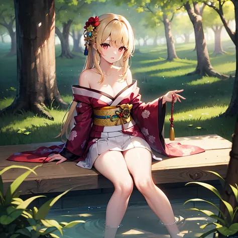 a blond、red eyes、Beautiful girl alone、Kimono with fancy patterns、Off-shoulder、in woods、