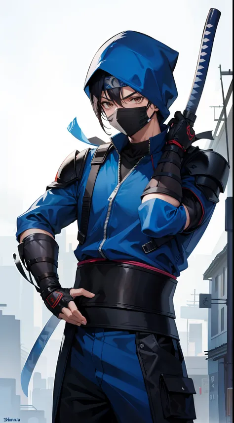 Grown-up guy, ninja, Blue shinobi uniform, Brown eyes, mask, Masterpiece, hiquality