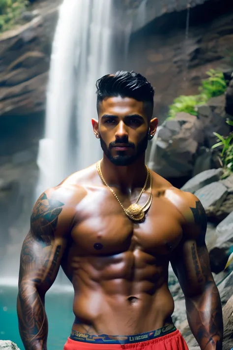 fking_scifi, fking_scifi_v2, portrait of a young, muscular extremely handsome and attractive Brazilian male model, in front of a waterfall, short windy hair, hairy tattooed body, colorful clothing and golden jewelry, close up, regal pose and attitude. fkin...