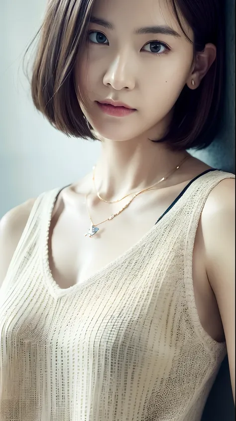 (Best quality, 8k, 32k, Masterpiece, UHD:1.2),Photo of Pretty Japanese woman, large breasts, very short bob hair,upper body,face focus,oversized_sweater, necklace, simple background, from above, looking at viewer,