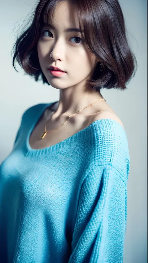 (Best quality, 8k, 32k, Masterpiece, UHD:1.2),Photo of Pretty Japanese woman, large breasts, very short bob hair,upper body,face focus,oversized_sweater, necklace, simple background, from above, looking at viewer,