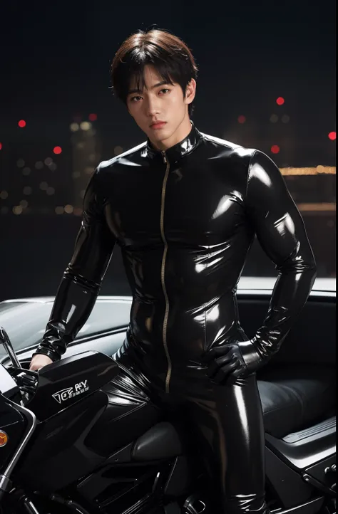 Japan man，Youth，Best quality, crisp quality, Masterpiece, Highest resolution, Highly detailed, black latex catsuit, chest muscle，Full-body muscular figure，night club，Long riding boots